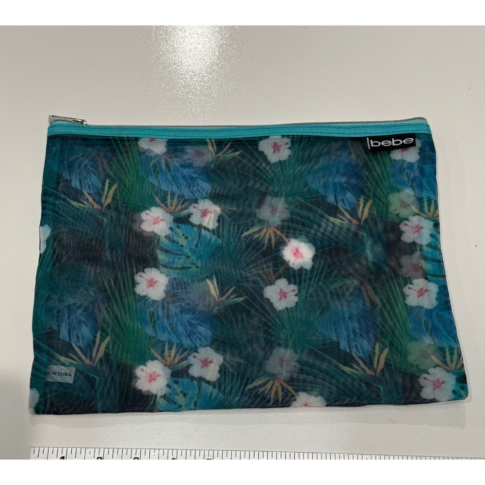 Bebe Tropical‎ Floral Mesh Cosmetic Bag Teal Blue Hibiscus Travel Pouch Zipper